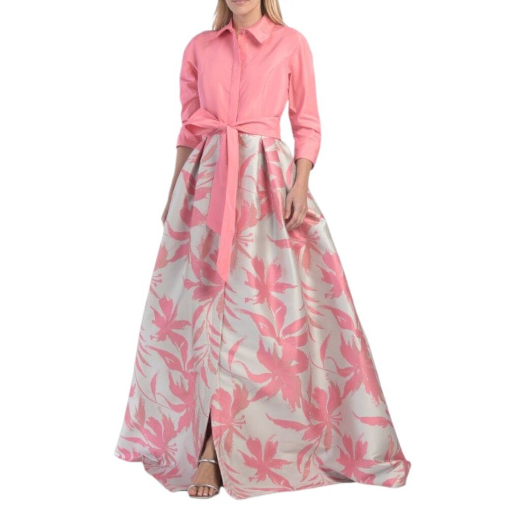 TERI JON Taffeta Shirt Waist Dress With Floral Jacquard